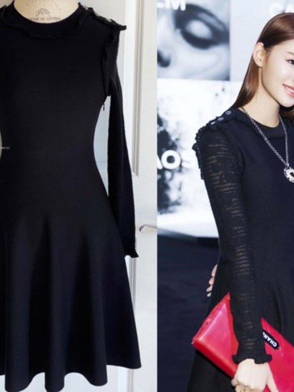 $3950 - CHANEL 16B BLACK FIT AND FLARE CASHMERE SILK RUFFLE LACE